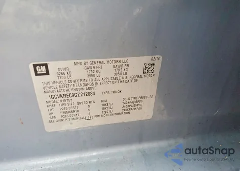 2016 Chevrolet Silverado K1500 Lt z USA, uszkodzony, nr VIN 1GCVKREC9GZ212084